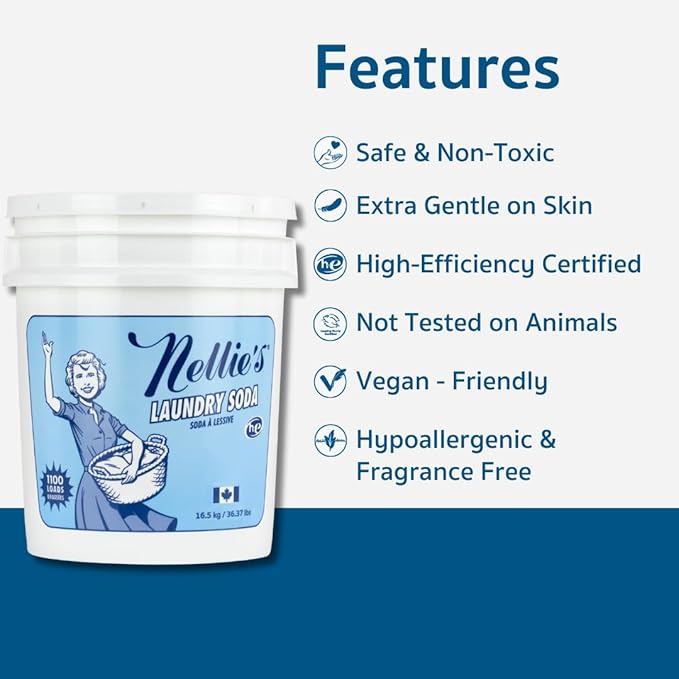 Nellie’s Laundry Soda – Concentrated Powdered Detergent for 1,100 Loads – Fragrance-Free & Septic Safe – Dissolves Easily and Rinses Clean with No Residue (Made in Canada)