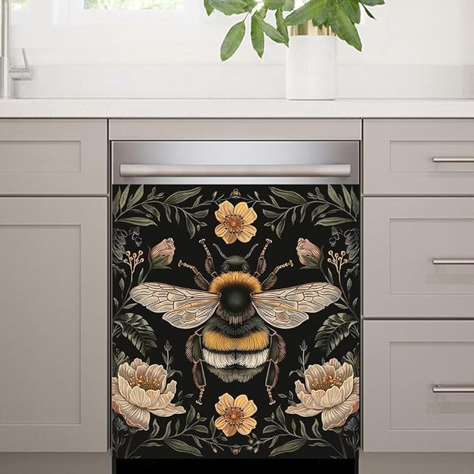 Flower and Bee Wallpaper Dishwasher Magnetic Cover Sticker Magnetic Refrigerator Full Door Cover Sticker Kitchen Decor Panel Decal 23W x 26H inchs