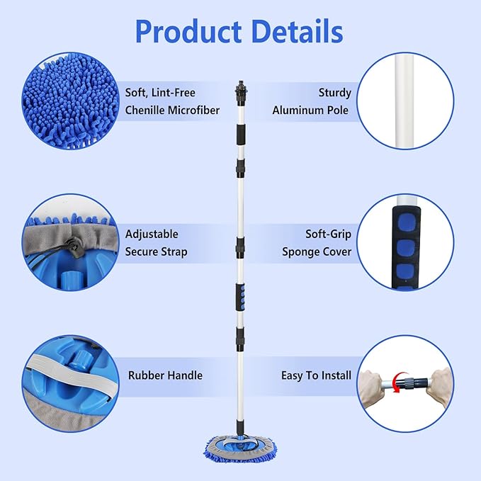 5Pcs Car Cleaning Brush Kit 61in Detachable Long Handle Soft Microfiber Mop Brush Mitt Windshield Squeegee Duster Towel Wheel Tier Brush Hose Adapter for Car RV Truck Boat