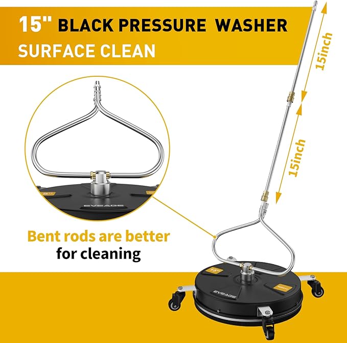 EVEAGE 15" Black Pressure Washer Surface Cleaner with Unique Curved Bar Design - 4 Wheel, 2 Nozzle Stainless Steel Pressure Washer Surface Cleaner for Driveway and Sidewalk Cleaning