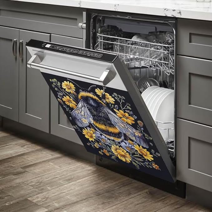Flower and Bee Painting Dishwasher Magnet Cover Sticekr,Refrigerator Magnet Cover Decal Fridge Microwave Stickers Kitchen Decor,23W x 17H inchs