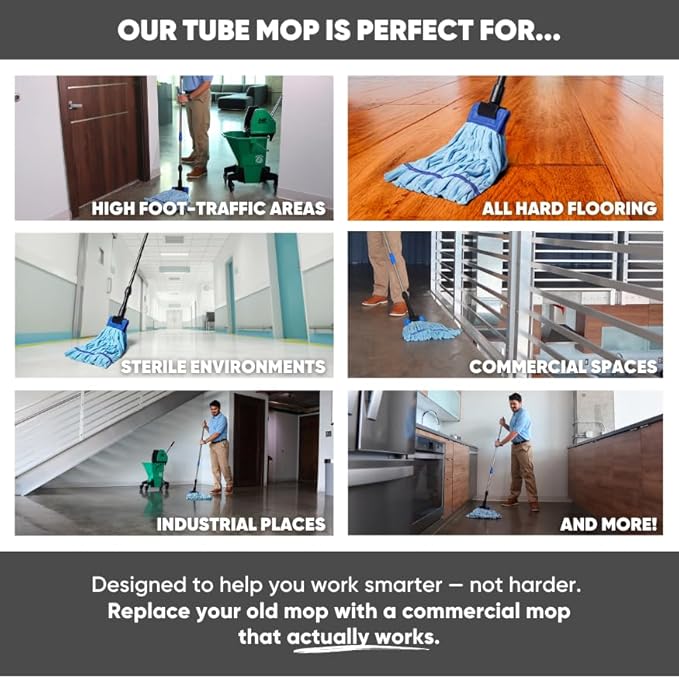 Bulk Commercial Mop Head Replacement (24 Count) - Medium Microfiber Tube Mop (14 oz.) | Industrial Wet Mops | Refill, Machine Washable, Heavy Duty | Hardwood, Tile, Laminate, Vinyl Floors (Blue)