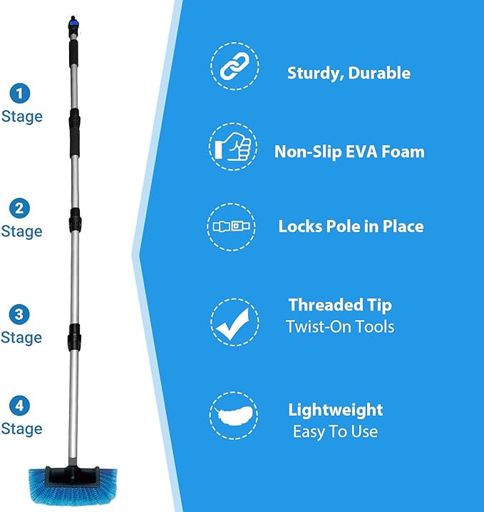 Ultimate RV/Truck Wash Brush Kit – 68" Adjustable Aluminum Pole with Flow-Thru Hose Attachment, Soft Bristles w. Replaceable Chenille Mop Squeegee, Reinforced Connectors – Safe for Car/Truck/RV/SUV