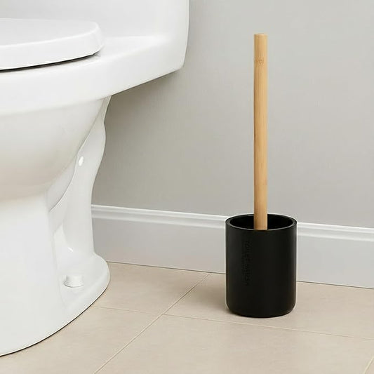 Sleek Matte Black Toilet Brush Holder with Bamboo Handle - Polyresin Bathroom Cleaning Tool Set (Black, Toilet Bowl Brush Only)