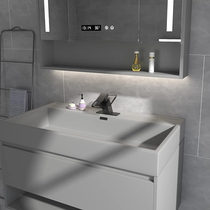 BWE Black Bathroom Faucet,Glass Waterfall Bathroom Faucet One Hole,Single Handle Modern Vanity Sink Faucets, Lavatory Basin Bath Mixer Tap Deck Mounted with Supply Lines