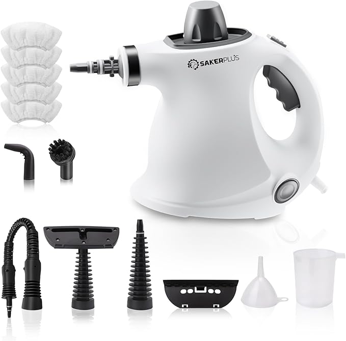 Sakerplus Steam Cleaner, Handheld Pressurized Steamer, 1050W 230°F Fast Heating with 9 Accessories, Multi-Surface Steam Cleaner for Home, Car, Tile & Grout, Windows, Upholstery (5 Towel Sleeve)