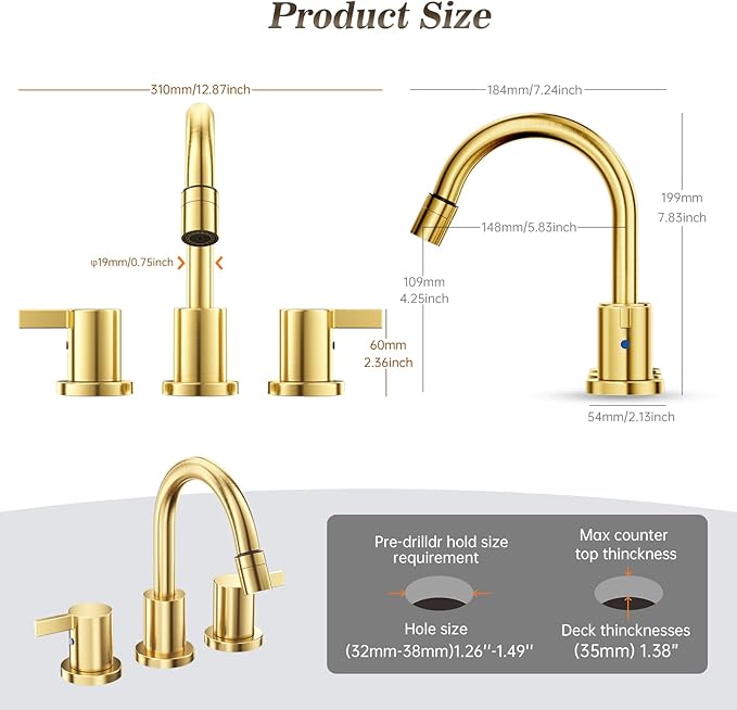 Phiestina Pull Down Sprayer Brushed Gold 8 Inch Bathroom Sink Faucet, 2 Handles 3 Hole Widespread Pull Out Bathroom Faucet，with Pop Up Drain and Water Supply Line,BF04022-K01-BG
