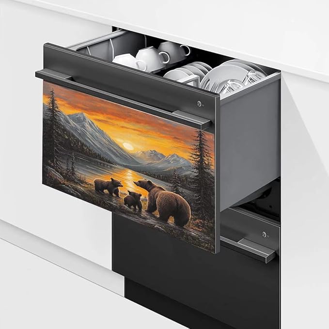 Lake Sunset Reflection Brown Bear Dishwasher Magnet Cover, Creative Kitchen Appliances Panel Decorate Refrigerator Front Door Magnets Decals 23" W x 17" H