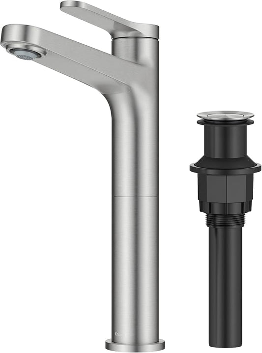 KRAUS Indy Bathroom Faucet for Vessel Sink in Spot-Free Brushed Nickel with Single Handle, Pop Up Drain and Supply Lines, KVF-1410SFBN