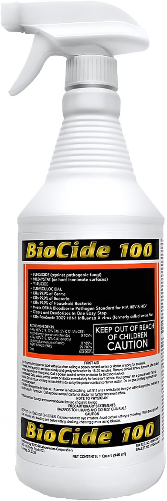 BioCide 100 - Multi-Purpose Cleaner and Disinfectant Spray - Professional Grade, Mildew, Bacteria and Fungi Remover - 1-Quart - Spray Bottle