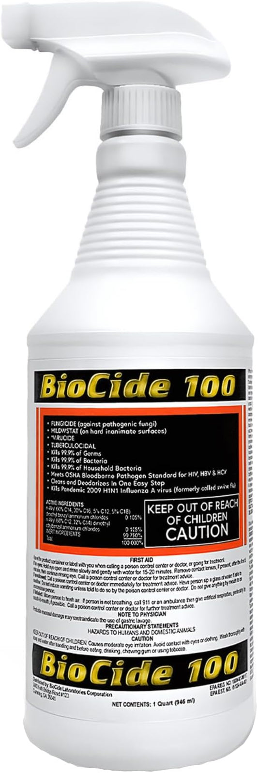 BioCide 100 - Multi-Purpose Cleaner and Disinfectant Spray - Professional Grade, Mildew, Bacteria and Fungi Remover - 1-Quart - Spray Bottle