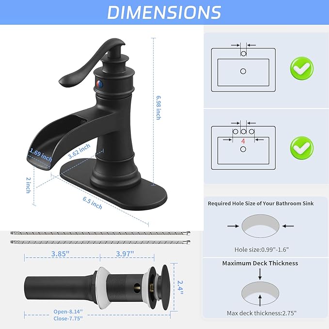 BWE Matte Black Bathroom Faucet, Waterfall Bathroom Faucet Sink Lavatory Single Hole Faucets One Handle Bath Antique with Brass Pop Up Drain Stopper Mixer Tap Overflow Water Supply Line