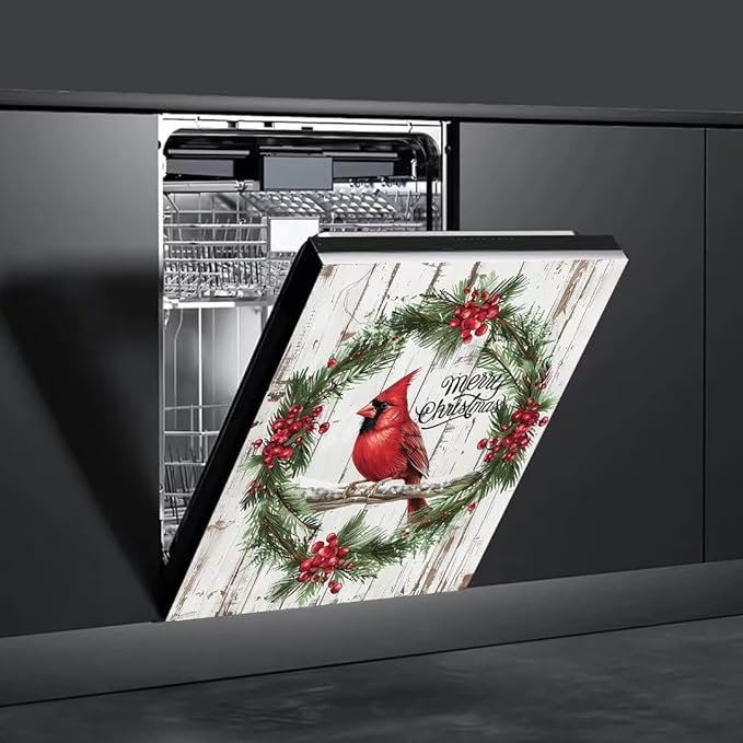 Generic Bird Dishwasher Face Cover - Magnetic Decorative Red Berries Pine Wreath Stickers, Winter Christmas Sticker, Fridge Door Cover, 23Wx26H