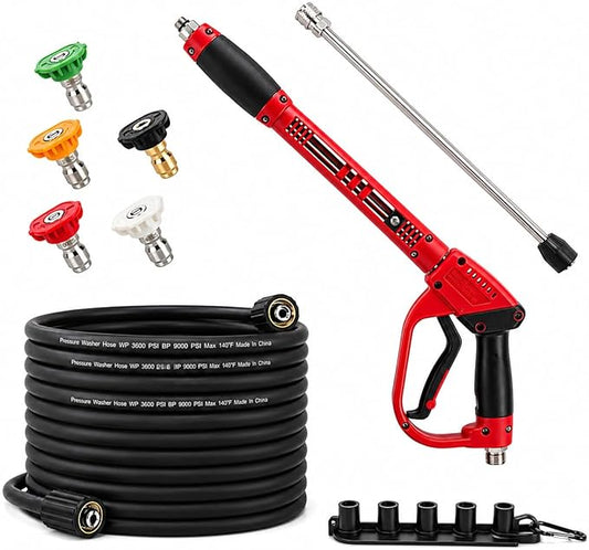 Pressure Washer Gun and Hose Kit, 25FT High Pressure Power Washer Hose with Spray Gun, Wand Extension, 5 Nozzles, M22-14mm Fittings, 3600 PSI