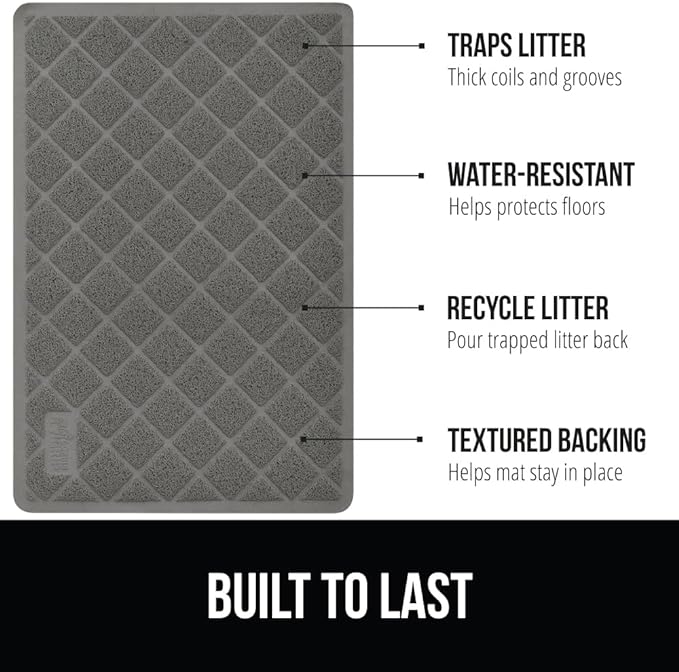 GORILLA GRIP Cat Litter Box Mat, Water Resistant, US Designed Kitty Litter Trapping Mats, Easy to Clean, Scatter Control, Less Mess and Clean Floors, Kitten Supplies for Indoor Cats, 30x20 Grey