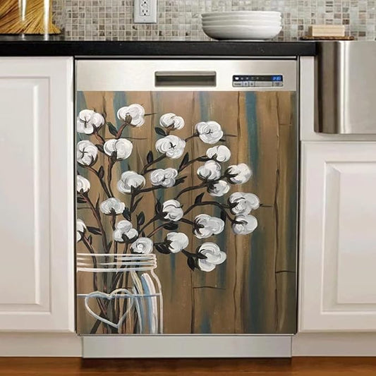 Bless Family Dishwasher Cover Floral Sticker Kitchen Decor,Cotton Bolls Painting Fridge Magnetic,Flower Vase Refrigerator Magnets Decal,Appliance Magnetic Panel 23"x26"