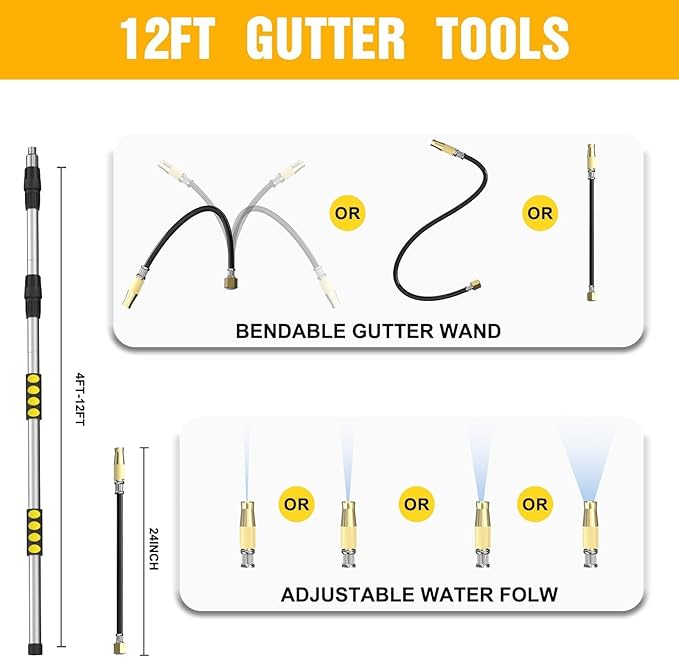 Gutter Cleaning Tools from The Ground, 12FT(20FT Reach) Rain Cleaner with Bendable Wand and Quick Connect Adapter for Garden Hose