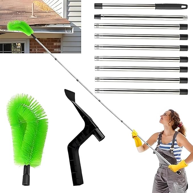 Gutter Cleaning Tools, 12ft Adjustable Length Telescopic Pole Gutter Cleaning Tools from The Ground,9 Stainless Steel Tubes Gutter Cleaning Tools with 2 Brushes Green
