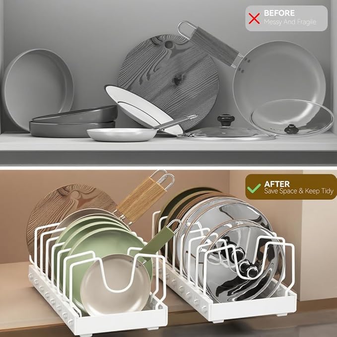 Pull-Out Pots and Pans Organizer, 2 Pack Under Cabinet Pot Lid Holder, Slide Lid Organizers Inside Cabinet, Pot Lid Organizer for Kitchen, Bakeware, Dishes, 8 Adjustable Dividers - White