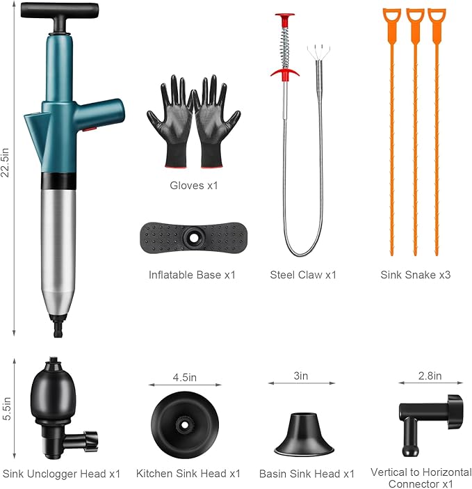 Toilet Plunger Drain Clog Remover: High Pressure Air Drainage Blaster Gun Clog Remover Tool- Stainless Steel Air Plunger for Bathroom, Sink, Floor, Kitchen Clogged