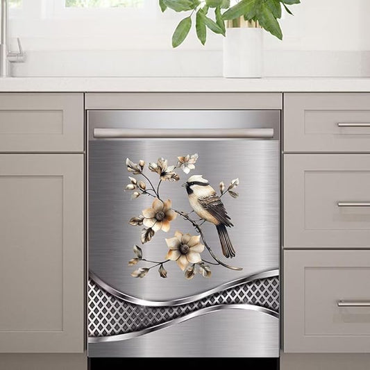 Imitation Stainless Steel Design Bird Pattern Dishwasher Cover Magnetic Sticker Refrigerator Door Panel Cover Fridge Appliance Magnet Decal Sheet 23x26 inch