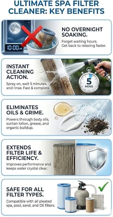 Ultimate Spa Filter Cleaner Fast-Acting Spray. Instant clean for Hot Tub & Pool Filters leaving behind no sticky residue. Prolongs filter life and pool equipment. No soaking. (1-Gallon)