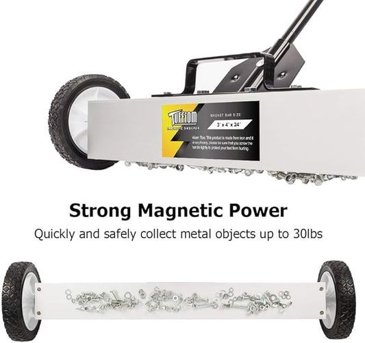 TUFFIOM 24-Inch Rolling Magnetic Pick-Up Sweeper | 50-LBS Capacity, with Quick Release Latch & Adjustable Long Handle, for Nails Needles Screws Collection