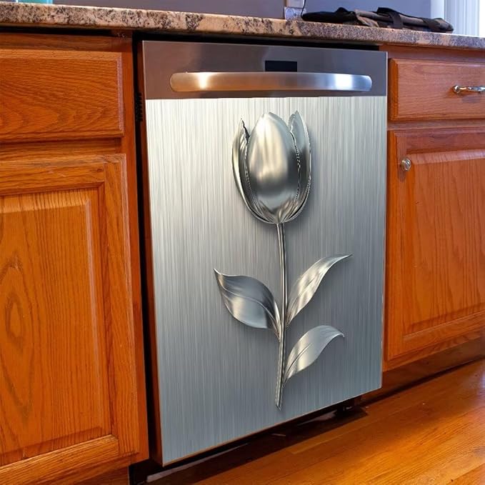Dishwasher Magnet Cover Sticker,Brushed Silver Stainless Steel Style Background Flower Pattern Fridge Door Cover Magnetic,Refrigerator Magnet Wraps Vinyl,Home Decor Vinyl Sticker,23W x 26H inchs