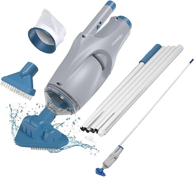 KOKIDO Rechargeable Handheld Pool Spa Hot Tub Vacuum Cordless, IPX8, Aluminum Pole and 2 Brush Heads, Ideal for Light-Duty Spot Cleaning Spa Above Ground Pool up to 20ft, 60min, Sand and Debris XV110