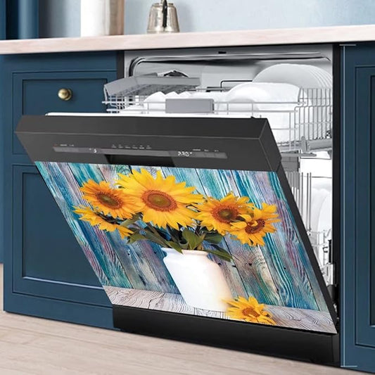 Colorful Wooden Background Kitchen Dishwasher Front Door Cover Decor, Vase Sunflower Fridge Panels Decals Vinyl Cover, Ordinary 23"x17"INCH