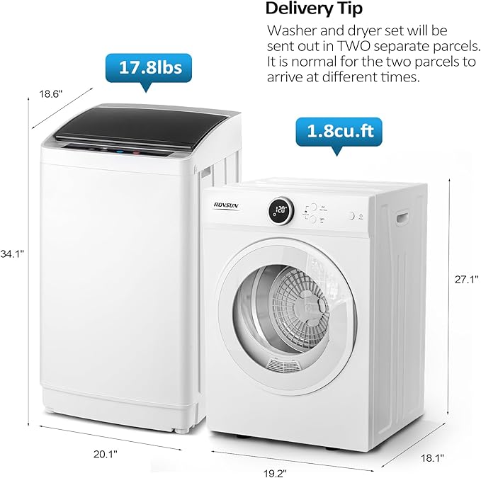 ROVSUN 17.8LBS Full-Automatic Washing Machine and 1.8CuFt Portable Clothes Dryer Set, Compact Laundry Washer and Dryer Combo Set with Stainless Steel Inner Tub, for Apartment, Dorm, Home