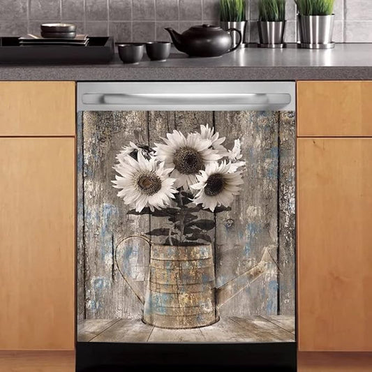 Vintage Wood Dishwasher Magnetic Cover for Door Front,Rustic Wooden Refrigerator Magnet Decor Sunflower Sticker,Country Wood Dishwasher Magnet Panel Decal for Fridge Home Appliance 23"x26"