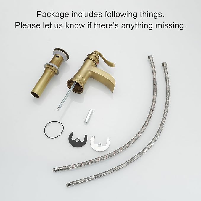 BWE Antique Brass Bathroom Faucet Single Hole Waterfall Bathroom Sink Faucet with Pop Up Drain Assembly and Supply Hose Rustic Lavatory Vanity Sink Faucet Mixer Tap