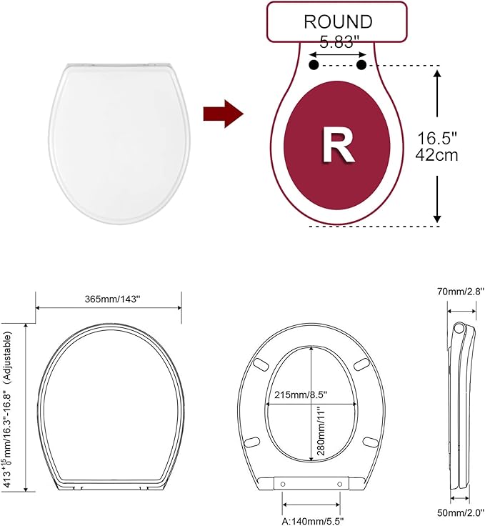 Hibbent Premium Round Toilet Seat with Cover Quiet Close, One-Click to Quick Release, Easy Installation Non-Slip Seat Bumpers, Slow Close Toilet Seat and Cover, Easy Cleaning-White Color