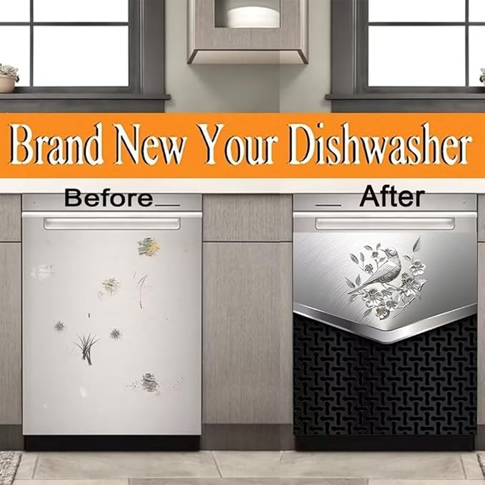 Dishwasher Covers Decorative Magnetic Sticker,Stainless Steel Design Bird and Flower Pattern Refrigerator Front Panel,Kitchen Decor Fridge Magnet Cover Decor,23 x 26inchs