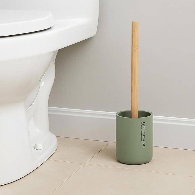Chic Matte Green Toilet Brush Holder Set with Natural Bamboo Handle - Polyresin Bathroom Cleaning Accessory (Green, Toilet Bowl Brush Only)