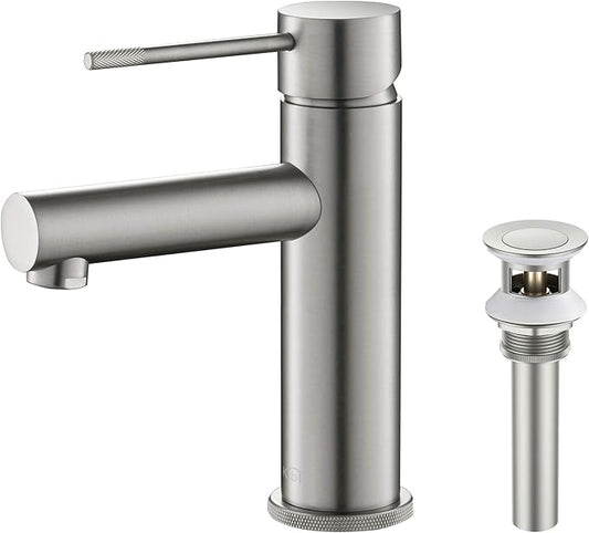 KIBI KBF1010 Solid Brass Single Handle Bathroom Sink Faucet, Circular X Single Hole Bathroom Faucet with Pop Up Drain | High Arc Spout | Brushed Nickel | Corrosion and Rust Resistant