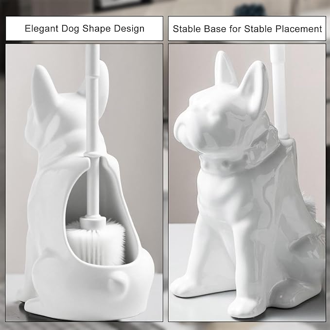 Comeon Ceramic Dog White/Black Toilet Brush and Holder Set, Plastic Handled Scrub Brush for Bathroom Cleaning,13.7"*6.3" (White)