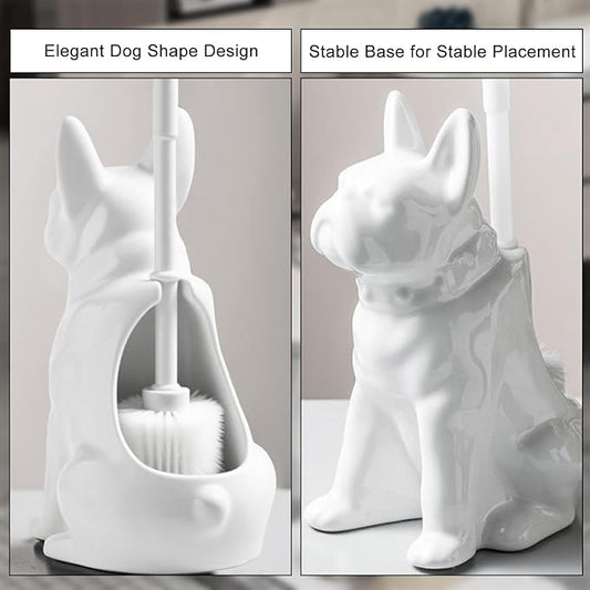 Comeon Ceramic Dog White/Black Toilet Brush and Holder Set, Plastic Handled Scrub Brush for Bathroom Cleaning,13.7"*6.3" (White)