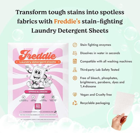 Freddie Laundry Detergent Sheets - Recyclable Packaging - No Mess Strips (Value Box (180 Loads), Spring Blossom)
