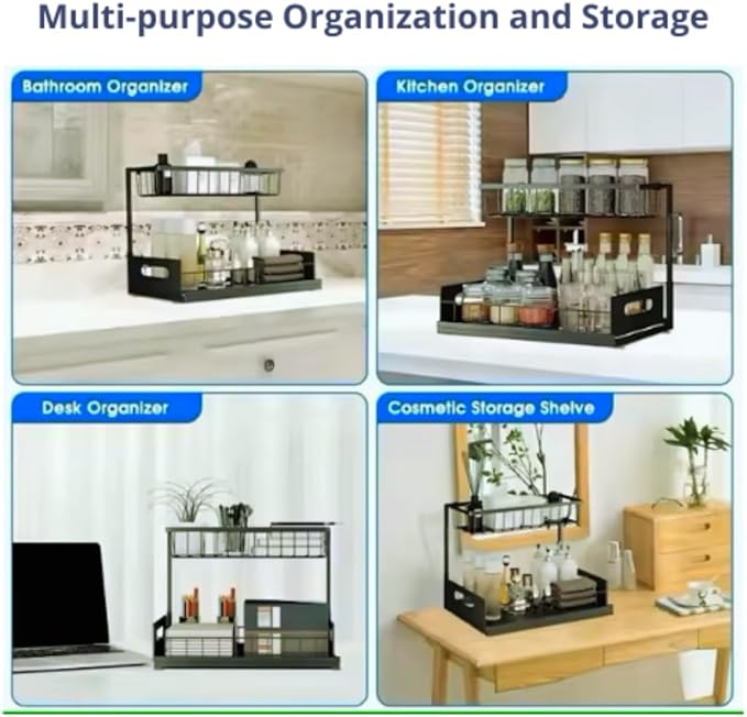 Under Sink Organizer 2-Pack – Sliding 2-Tier Metal Storage Rack, Pull-Out Cabinet Shelf for Kitchen, Bathroom, Cleaning Supplies & Toiletries.