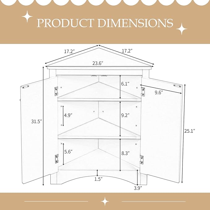 Corner Storage Cabinet with Adjustable Shelves, Triangle Bathroom & Kitchen Organizer, Freestanding Floor Cabinet for Toilet Kitchen Bathroom Cleaning Supplies (Oak)