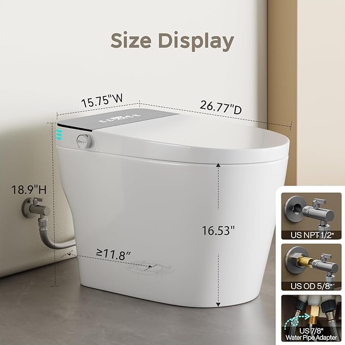 Smart Toilet with Bidet Built In, One Piece Bidet Toilet with Auto Dual Flush, Foam Shield, Modern Elongated Tankless Toilet with Foot Sensor, Heated Bidet Seat, Warm Water & Dryer,LED Display