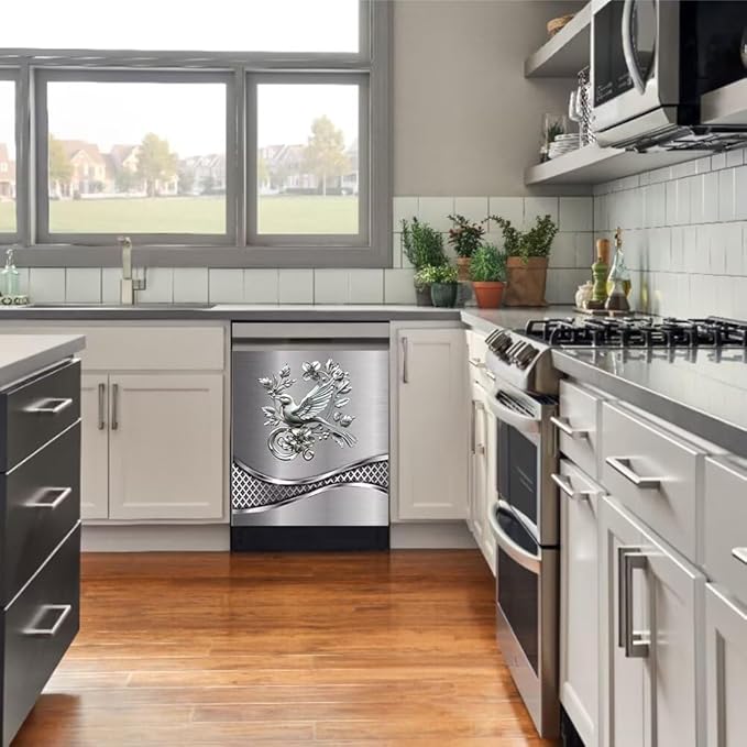 Imitation Stainless Steel Design Bird Painting Dishwasher Cover Magnetic Sticker Refrigerator Door Panel Cover Fridge Appliance Magnet Decal Sheet 23x26 inch