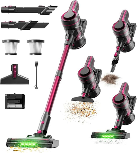 Cordless Vacuum Cleaner for Home,600W 40000PA 70Mins, Self-Standing,Powerful Suction Anti-Tangle Long&Pet Hair, Easily Picks Up Hard/Soft Debris for All Surfaces:Hardwood Floors,Tile,Carpet (Fuchsia)