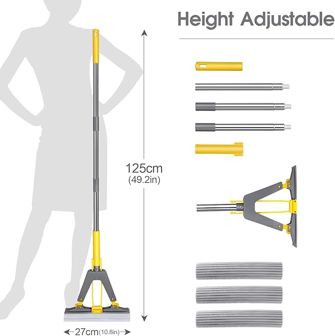 Masthome 36" Commercial Mop with 3 Microfiber Pads & Sponge Mop and Stainless Steel Handle with 3 Absorbent Mop Refills - Home & Office Suitable