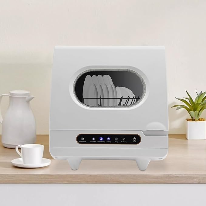 Portable Countertop Dishwasher, 1200W 110V Compact Dishes Cleaner with 360° Dual Spray& 5 Programs(Quick Wash/Strong Wash/Fruit & Veg Wash/Air Dry), Mini Dish Washer for Home, Dorm, RV & Apartment