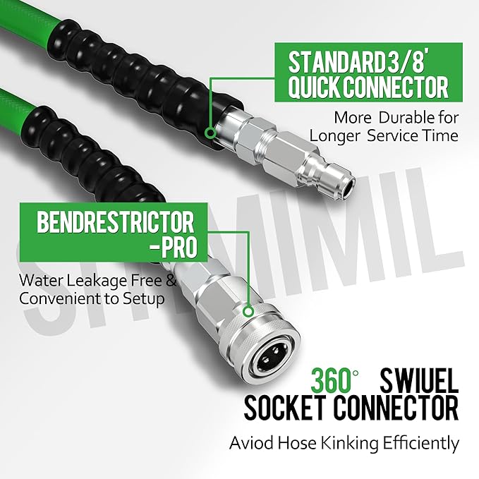 SITIMIMIL® 3/8 Pressure Washer Hose 50FT Hot Water - Commercial Grade 4800PSI Steel Wire Braided, Ultra Flexible & Kink Resistant, Quick Connect Fits Most Brands, for Home & Professional Use Green