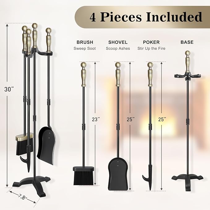 Gtongoko Fireplace Tools Set 4 Pcs 30 Inch Brass Handles Wrought Iron Large Fire Tool Set for Outdoor/Indoor Include Chimney Poker, Antique Shovel, Rustic Brush and Stand Accessories Set