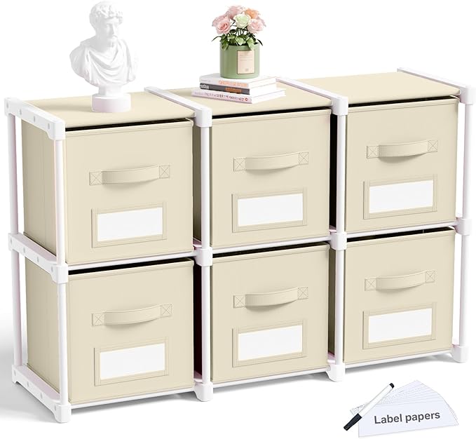 Geelin 6 Sets Cube Storage Organizer Bins with Shelf & Labels 11 Inch, Fabric Collapsible Cubby Toys Clothes Storage Drawer Unit for Daycare Nursery Playroom Bedroom Dorm Organizer (Khaki)